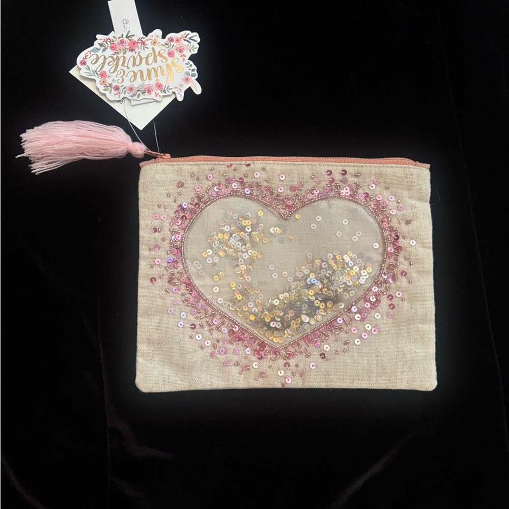 Sequin Heart Pouch - Pink and Gold